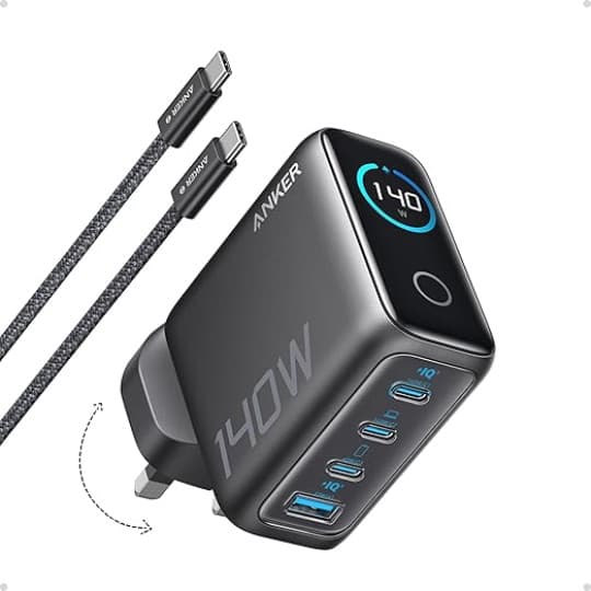 Anker 140W USB C Charger, Laptop Charger, 4-Port Multi-Device Fast Charging, Advanced GaN Power Adapter, Intuitive Touch Controls, Compatible with MacBook, iPhone 17 Series, Samsung, Pixel, and More
